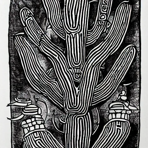 Image similar to tattoo design of a cactus surrounded by aztec symbols, black ink on paper, high - detail, award - winning, 8 k