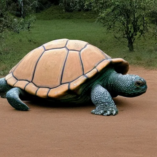 Image similar to a giant turtle with a village on its shell