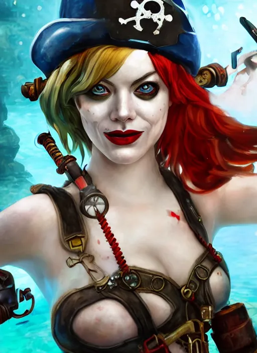 Image similar to underwater steampunk pirate portrait of emma stone as harley quinn, pretty face, hyper detailed, digital art, cinematic lighting, studio quality, smooth render, unreal engine 5, octane rendered, art style by klimt and nixeu and ian sprigger and krenz cushart.