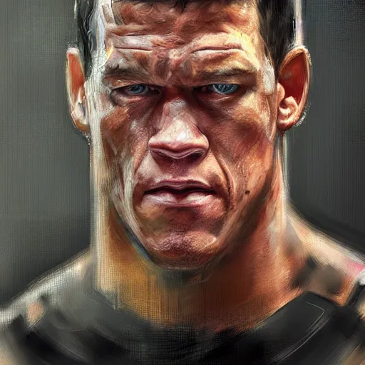 Image similar to A realistic hyperdetailed wide-shot digital oil portrait painting of an John cena in the style of Guy Denning, Ruan Jia, and Craig Mullins. Trending on ArtStation, DeviantArt, and Instagram. CGSociety Digital art. John cena.