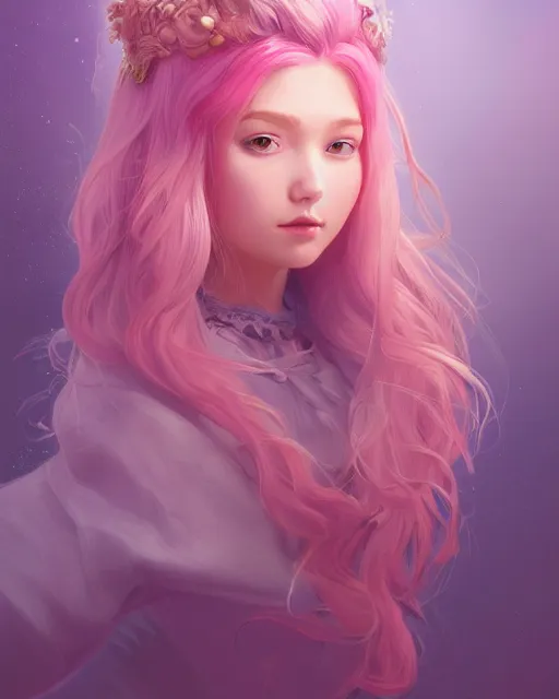 Image similar to beautiful norwegian girl pink blob hair, cute, intricate, highly detailed, digital painting, trending on artstation, concept art, smooth, sharp focus, backlit, rim light, vivid colors, illustration, unreal engine 5, 8 k, art by rossdraws and alphonse mucha