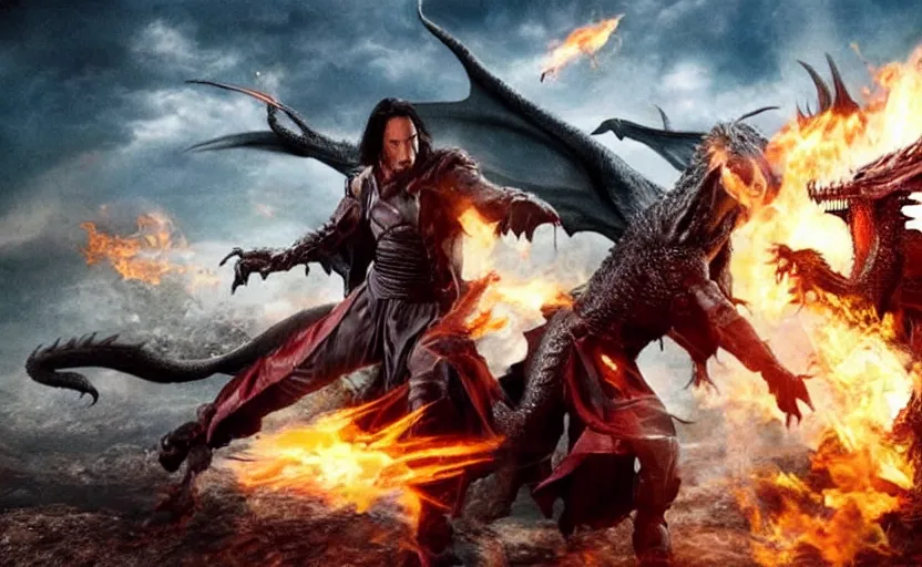 Prompt: wizard keanu reeves fighting a dragon on a fantasy battlefield