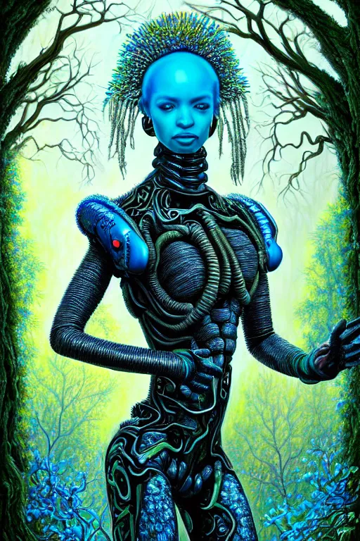 Image similar to hyperrealistic lowbrow super expressive! black woman with exoskeleton armor, merging with tree in a forest, highly detailed digital art masterpiece smooth cam de leon hannah yata dramatic pearlescent blue teal light ground angle hd 8 k sharp focus