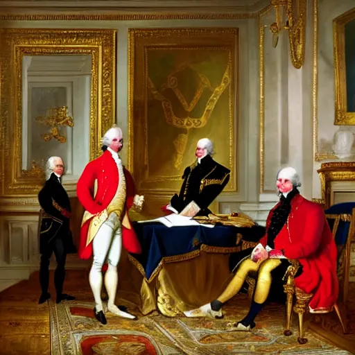 Image similar to george washington meets king george iii at buckingham palace, enlightenment style painting, high quality detail and realistic