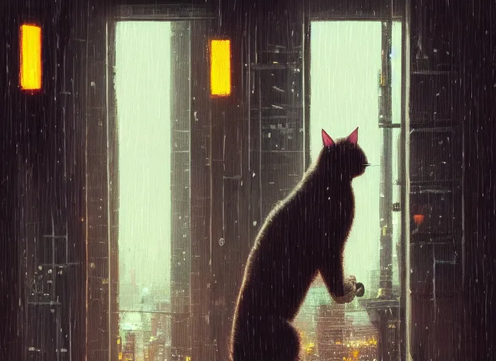 Image similar to back of cat sitting in front of a window looking out at a rainy cyberpunk city at night, cozy indoor lighting, greg rutkowski, alena aenami, artstation, detailed, digital painting