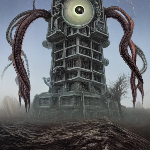 Image similar to lovecraftian machine tower with fleshy tendrils and eyeball at top overlooking dystopian wasteland