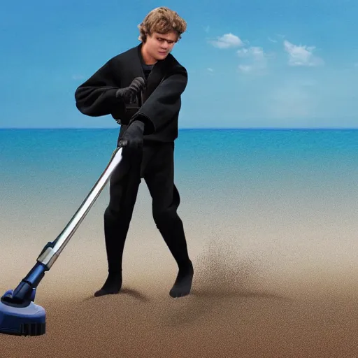 Image similar to anakin skywalker vacuuming the beach for sand, 4k, photorealistic,