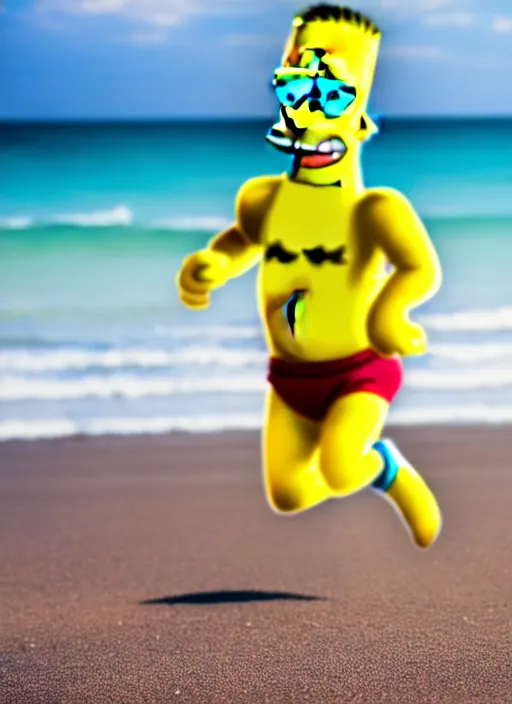 Prompt: professional photo of person looking like bart simpson, he's muscular, on the beach at noonday, blur background, high details, original simpsons cartoon style