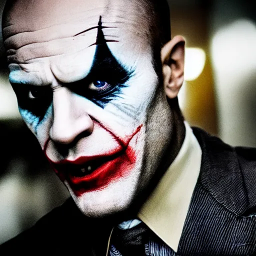 Image similar to a film still of Jason Statham starring as The Joker, 40mm lens, shallow depth of field, split lighting, cinematic