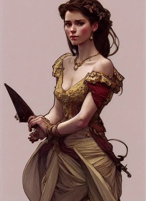 Image similar to portrait of a full body of young beautiful female princess, d & d, baroque dress, flat lighting, intricate, highly detailed, digital painting, artstation, concept art, smooth, sharp focus, illustration, art by simon bisley and greg rutkowski and alphonse mucha, natural tpose