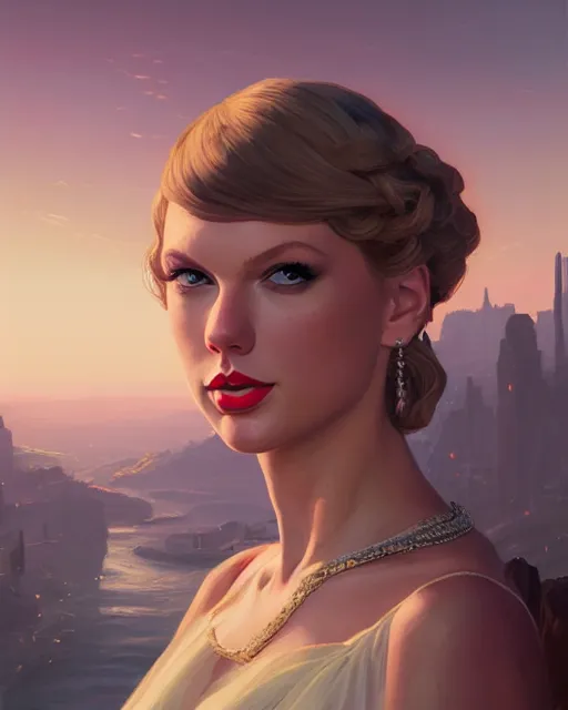 Image similar to portrait of taylor swift as an elegant renaissance goddess, in gta v, stephen bliss, unreal engine, by greg rutkowski, loish, rhads, makoto shinkai and lois van baarle, ilya kuvshinov, rossdraws, global illumination, radiant light, detailed and intricate environment, pastel