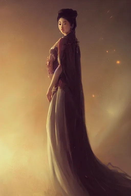 Image similar to chinese princess in a long silk dress, from backside, up shot, highly detailed art, cinematic atmosphere, volumetric lighting, glow, trending on artstation, by wlop, by le vuong, by tom bagshaw