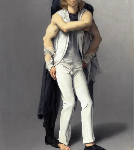 Prompt: clean cel shaded art of a pale androgynous blond young man, long fluffy curly blond hair, light platinum long blond hair, wearing black leather riding pants and a white poet shirt, Alexandre Cabanel, norman rockwell, peter paul rubens, maler collier, frank frazetta, alphonse mucha, gustav klimt 4k, unreal 5, DAZ, french noveau, trending on artstation, octane render, hyperrealistic