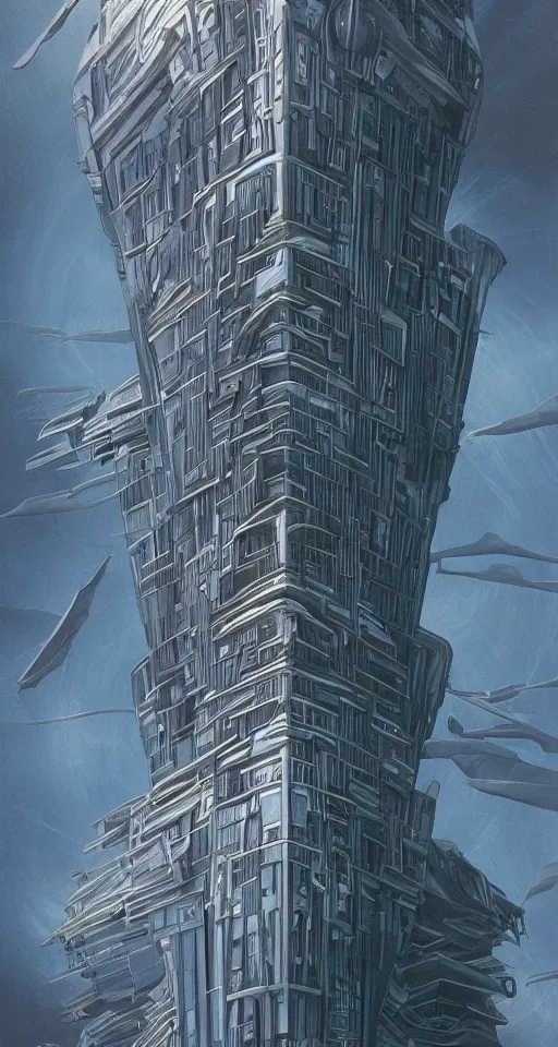 Prompt: huge futuristic building, illustration by gerald brom, detailed, sharp, 8 k