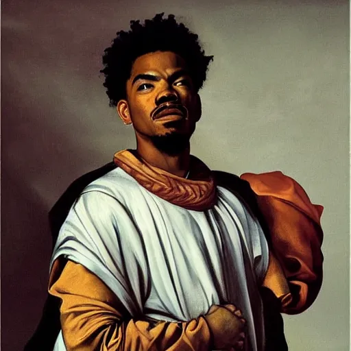 Image similar to a portrait painting of Chance The Rapper as a Poetic Philosopher in the style of Caravaggio, 1599, realistic, detailed