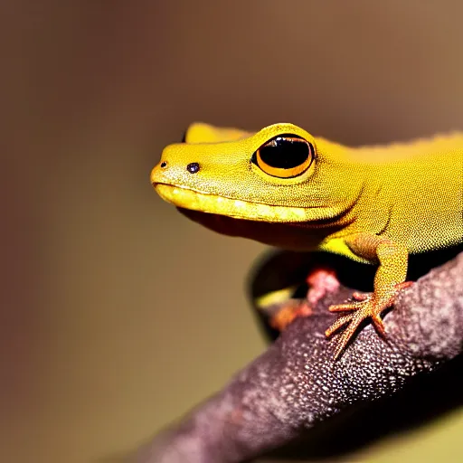 Image similar to an award winning photo of shiny golden black gecko looking at the camera, cute, nature photography, National Geographic, 4k