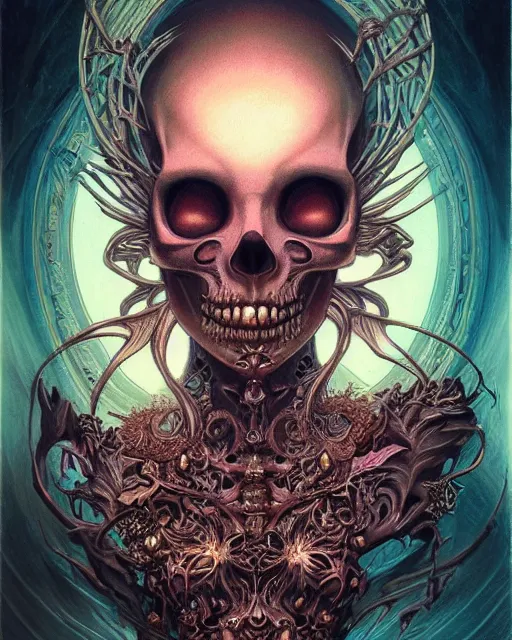 Image similar to perfectly centered portrait front view of a angry dead rotten beautiful female skull growing ornamentation all around, ornate, detailed, symmetrical, elegant, beautifully soft lit, by wayne barlowe, peter mohrbacher, kelly mckernan