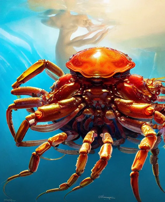 Image similar to intricate colorful transparent portrait of a disturbing beautiful alien crab creature, mottled coloring, adorable, childlike, underwater environment, ultra realistic, concept art, art nouveau, photorealistic, octane render, 8 k, unreal engine. art by christopher marley and artgerm and greg rutkowski and alphonse mucha