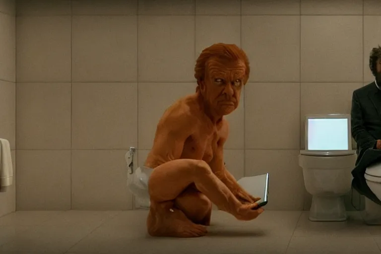 Prompt: hyperrealism aesthetic ridley scott and denis villeneuve style photography of a detailed giant, siting on a detailed ultra huge toilet and scrolling his smartphone in surreal scene from detailed art house movie in style of alejandro jodorowsky and wes anderson
