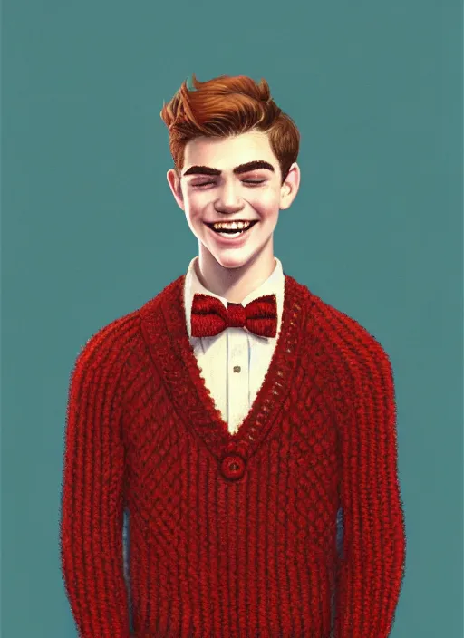 Image similar to portrait of teenage archie andrews, freckles, curly middle part haircut, curly hair, middle part hairstyle, smiling kindly, wearing a bowtie and sweater vest, intricate, elegant, glowing lights, highly detailed, digital painting, artstation, concept art, smooth, sharp focus, illustration, art by wlop, mars ravelo and greg rutkowski