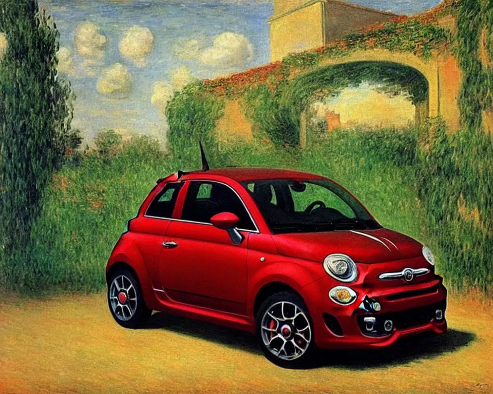 Prompt: achingly beautiful painting of a 2 0 1 3 fiat 5 0 0 abarth by rene magritte, monet, and turner.