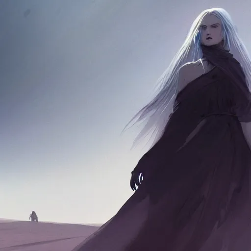 Image similar to a woman with long white hair stands in the desert, dramatic lighting, illustration by greg rutkowski, yoji shinkawa, 4 k, digital art, concept art, trending on artstation