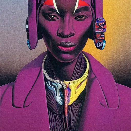 Image similar to african woman, cyberpunk, retro vintage art, cool, 80s, nomad, street style, symmetrical, 2d matte illustration, Stanisław Szukalski + Moebius,