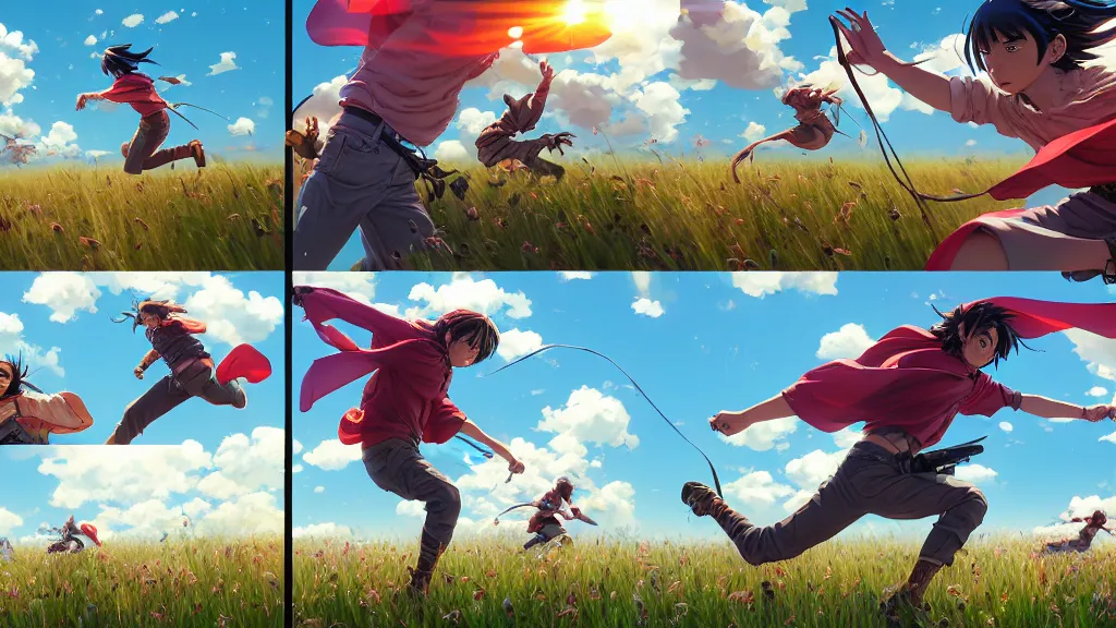 Prompt: highly detailed comic spread combination of art styles depicting an impactful action scene on open meadow clear sky with expert design fictional characters, bright colors, high color saturation, dynamic art by sakimi, moebius, makoto shinkai, murata, james jean, craig mullins, digital painting, masterpiece, best selling, pixiv, volumetric lighting, realistic shaded lighting