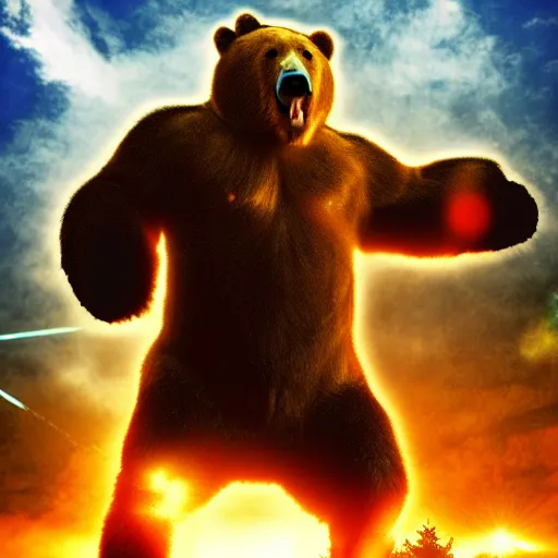 Image similar to a giant angry bear throwing laser by the hands attacking the city, photomanipulation, photoshop, digital art