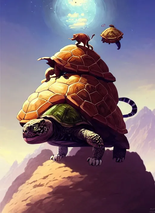 Image similar to character portrait of The tallest mountain topped by a cat riding a gigantic turtle, with another cat riding a large turtle atop the mountain. By Greg Rutkowski. cute beautiful attractive detailed. Character design by charlie bowater, ross tran, artgerm, and makoto shinkai, detailed, inked, western comic book art