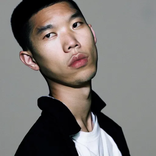 Image similar to realistic! photoshoot for a new balenciaga lookbook, color film photography, portrait of a beautiful asian model, photo in style of tyler mitchell, 35mm