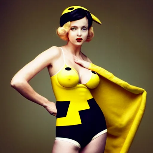 Image similar to elegant woman dressed up as pikachu, wearing stockings, modern photo by Annie Liebovitz,