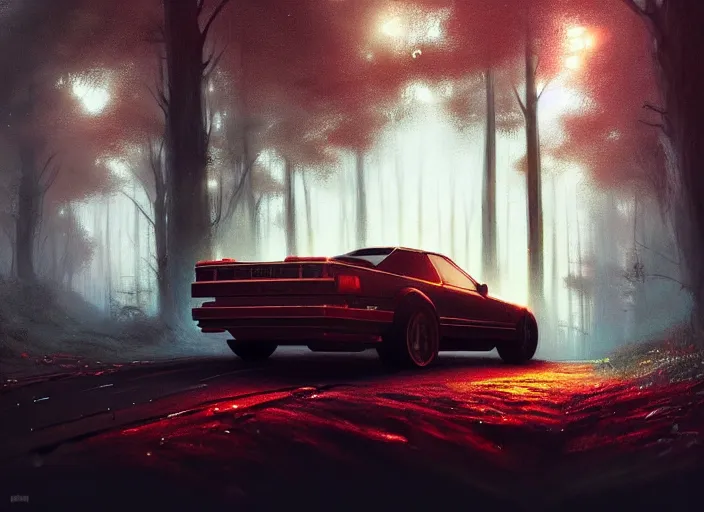 Image similar to detailed intricate digital illustration by greg rutkowski and artgerm and wlop and sanford robinson gifford ; 1 9 8 8 vehicle, glowing headlights, foggy forest in background ; 1 3 mm film, close up head on arri alfa anamorphic lens ; sharp focus, soft evening lighting, trending on artstation 4 k