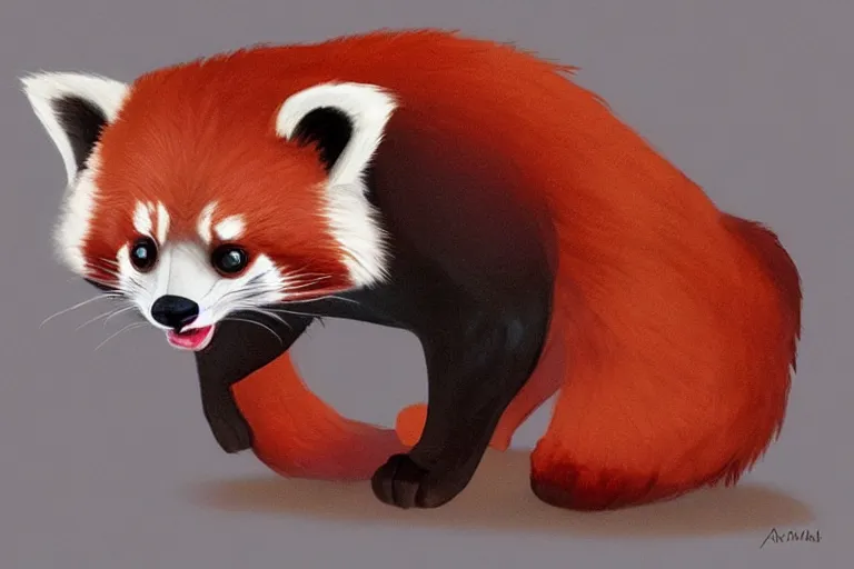 Image similar to cute cartoon drawing of a red panda waking up from bed yawning and stretching, character art, painting, trending on artstation