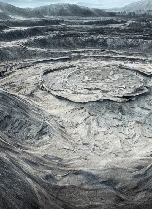 Prompt: bioremediation invisible white architecture, in the mining tailings of chuquicamata, epic, cinematic, hyperealistic, high detailed, corona render, hdr, ray tracing