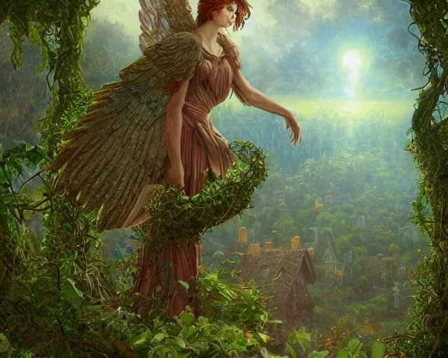 Image similar to a male winged angel made of vines and flowers and moss, standing in front of a beautiful cottage, a digital painting by thomas canty and thomas kincade and ross tran, art nouveau, atmospheric lighting, trending on artstation