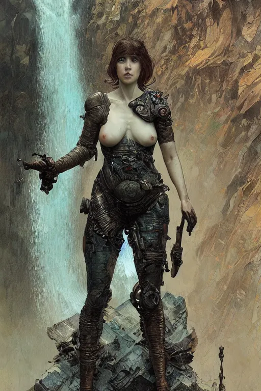 Image similar to a full body portrait of a beautiful post apocalyptic offworld neoicelandic biofarmer swimming by the waterfalls, intricate, elegant, highly detailed, digital painting, artstation, concept art, smooth, sharp focus, illustration, art by krenz cushart and artem demura and alphonse mucha