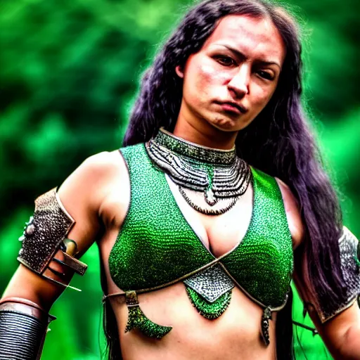 Image similar to photo of a real-life beautiful female warrior with emerald encrusted armour