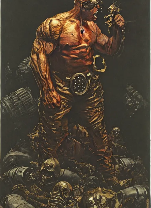 Image similar to dorian yates as doom hell baron wearing old trench coat and tattered pants, dynamic action, by lawrence alma tadema and zdzislaw beksinski and norman rockwell and jack kirby and tom lovell and greg staples