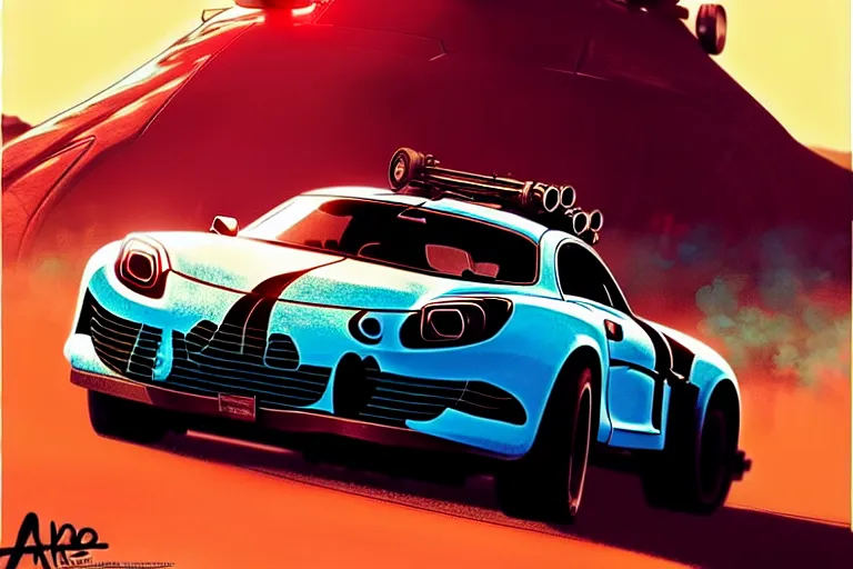 Image similar to mad max's alpine a 1 1 0 : : speeding, firing guns, lights on : : by ilya kuvshinov, rossdraws, artgerm, greg rutkowski makoto shinkai takashi takeuchi studio ghibli, akihiko yoshida : :