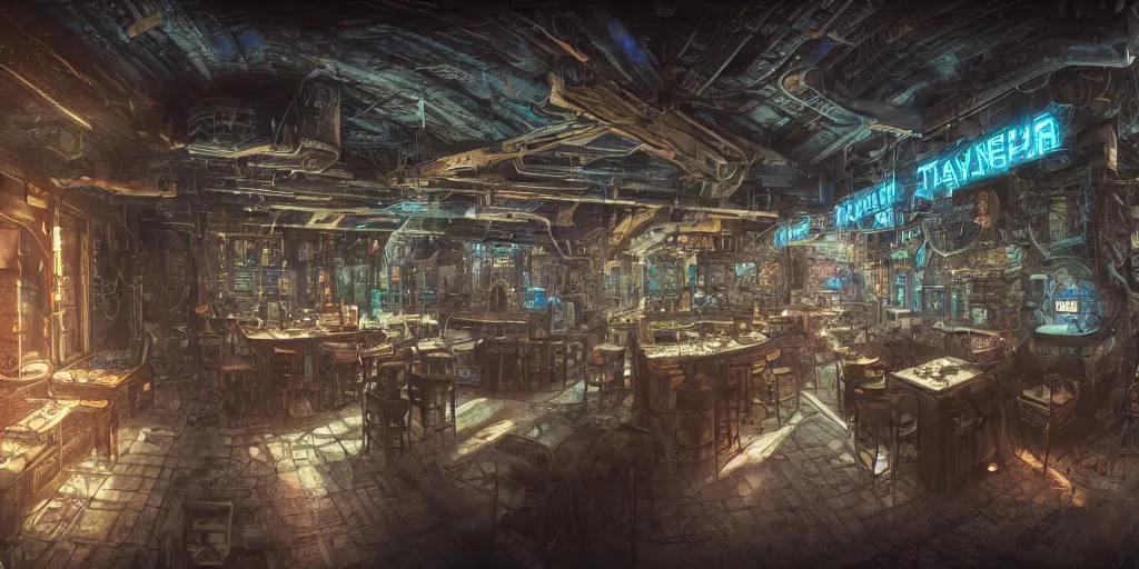 Image similar to Very Highly detailed realistic Digital concept interior design in style of Hiromasa Ogura and Josan Gonzalez of cyberpunk tavern with stone walls and neon lights, a lot of electronics, many details. Natural white sunlight from the transperient roof. Panorama on 360 degrees Rendered in VRAY and DaVinci Resolve and MAXWELL and LUMION 3D, Volumetric natural light