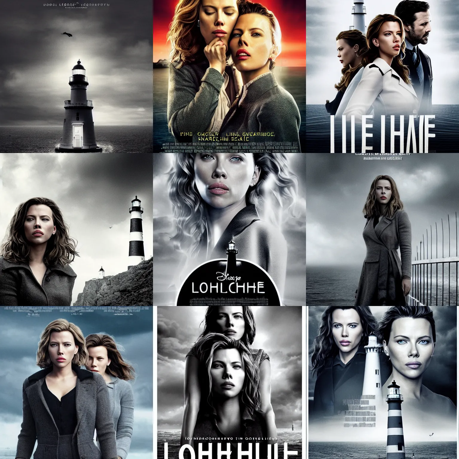 Prompt: movie Lighthouse 2019 poster with scarlett johansonn and kate beckinsale, grayscale, uniform, photo realistic, fog, lighthouse, cliff