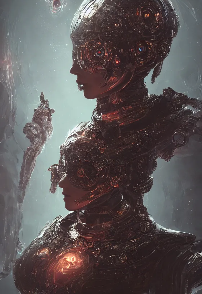 Image similar to a fancy portrait of a female android necromancer, aura of light, friendly, bloodborne style, artificial intelligence, scifi, futuristic, highly detailed, trending on artstation, advanced technology, art by vitaly bulgarov and nivanh chanthara and lance wilkinson