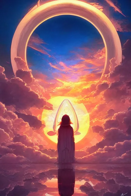 Prompt: the portal to heaven by hiroshi yoshida and moebius and loish and artgerm, painterly, symmetrical, ultra detailed, hyper realistic, illustration, sunset lighting