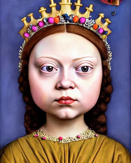 Image similar to closeup profile medieval jan van eyck face portrait of tin toy greta thunberg as a fairytale princess wearing a crown eating cakes in the castle, bikini, nicoletta ceccoli, mark ryden, lostfish, max fleischer, hyper realistic, artstation, illustration, digital paint, matte paint, vivid colors, bright, cheerful, detailed and intricate environment