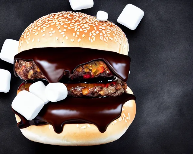 Image similar to dslr food photograph of burger with marshmallows in it, some chocolate sauce, 8 5 mm f 1. 4