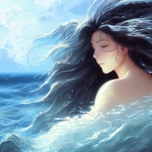 Image similar to portrait of beautiful woman in big waves at sea, long hair blowing in the wind, an oil painting by ross tran and thomas kincade, studio ghibli