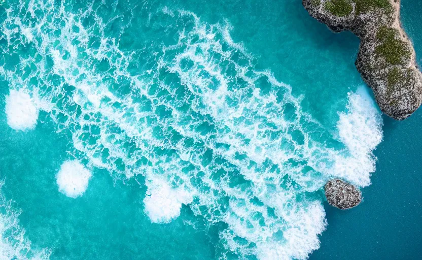 Prompt: top view on turquoise ocean waves at lonely island, global illumination, highly detailed, 8 k