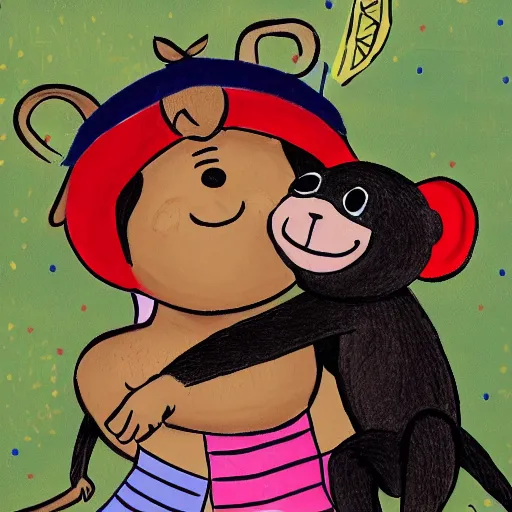 Image similar to mowgli hugging a monkey with a birthday hat on, sister, love, highly detailed