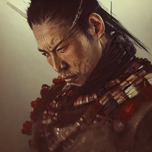 Image similar to Sickly diseased dying Samurai warrior, portrait by Cedric Peyravernay, highly detailed, excellent composition, cinematic concept art, dramatic lighting, trending on ArtStation